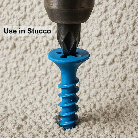 100 Qty 3/16 x 1-1/4 Flat Head Phillips Diamond Tip Concrete Screws in stucco with blue EnviroSeal coating for corrosion resistance.
