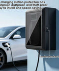 Custom Wall-Mounted EV Charger Cover Box Outdoor All-Weather Shield Protects Charging Station From Harsh Elements Including Sun Storms And Debris Keeps Your Ride And Gear Safe From Hail And Snow with combination lock, mounted beside a white car.