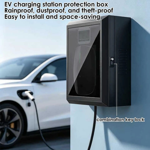Custom Wall-Mounted EV Charger Cover Box Outdoor All-Weather Shield Protects Charging Station From Harsh Elements Including Sun Storms And Debris Keeps Your Ride And Gear Safe From Hail And Snow with combination lock, mounted beside a white car.