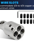 Heavy Duty 4000 Lbs Max Pull Wire Rope Puller Attachment Head features 4 wire slots for 2/0 to 4/0 copper or aluminum wires.