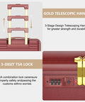 Carry On Luggage With Removable Spinner Wheels And Built In TSA Lock 18 Inch Hard Shell Carry On Suitcase focusing on gold handle and lock