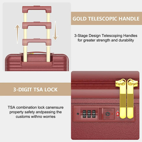 Carry On Luggage With Removable Spinner Wheels And Built In TSA Lock 18 Inch Hard Shell Carry On Suitcase focusing on gold handle and lock