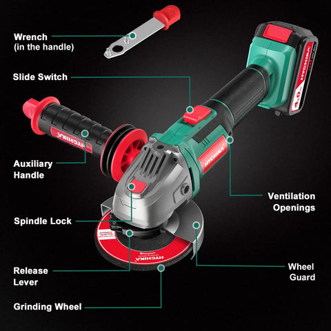 Cordless 18V Angle Grinder With 8500 RPM, 4.0Ah Battery, Fast Charger, Four And A Half Inch Discs, 3 Position Handle