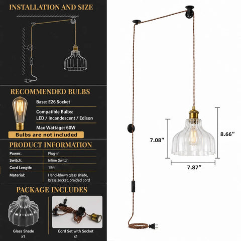 Fang Yan Mei Plug in Pendant Light, Clear Fluted Glass Shade with dimensions 7.08" x 8.66" for kitchen or dining room.