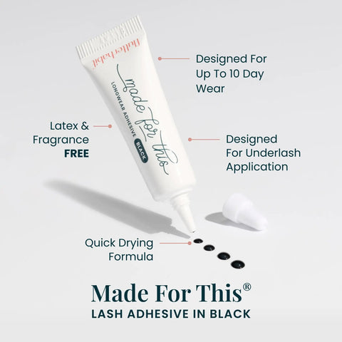 Flirt Ready Set DIY Eyelash Extensions Kit With Glue, Three Lash Sets And Applicator, showcasing lash adhesive in black.
