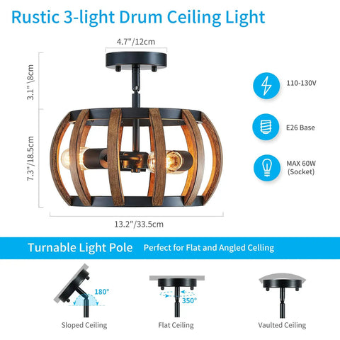 Dope Black Farmhouse Ceiling Light Fixture With Wood Grain Metal Finish, 3-Light Drum Semi-Flush Mount dimensions and features.