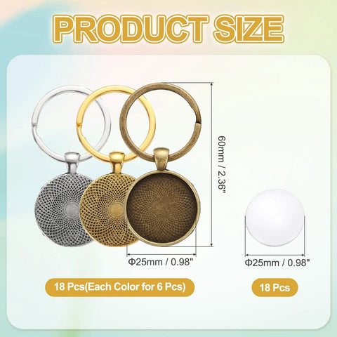 18 Piece Glass Cabochon Keychain Kit With Pendant Settings And Trays for DIY Key Ring Making, showing silver, gold, bronze bases