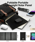 Foldable 28W Solar Charger with dual USB outputs for camping, hiking, travel; shown with backpack and devices for scale