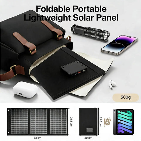 Foldable 28W Solar Charger with dual USB outputs for camping, hiking, travel; shown with backpack and devices for scale