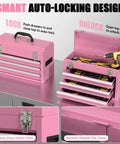 3-Drawer Metal Tool Box With Locking Mechanism And EVC Liners, Pink Finish, showing open drawers with tools inside