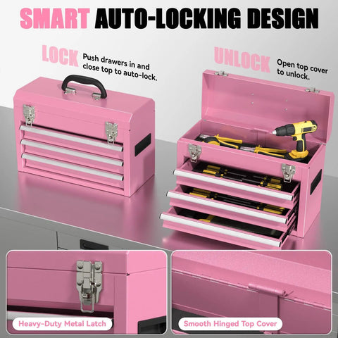 3-Drawer Metal Tool Box With Locking Mechanism And EVC Liners, Pink Finish, showing open drawers with tools inside