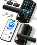 Secure Your Front Door Today With This Plug And Play Wifi Smart Lever Deadbolt That Needs Absolutely No Hub And Delivers Blazing Fast Fingerprint Entry Alongside Full Remote App Control Matte Black, displaying app control and biometric scanner.