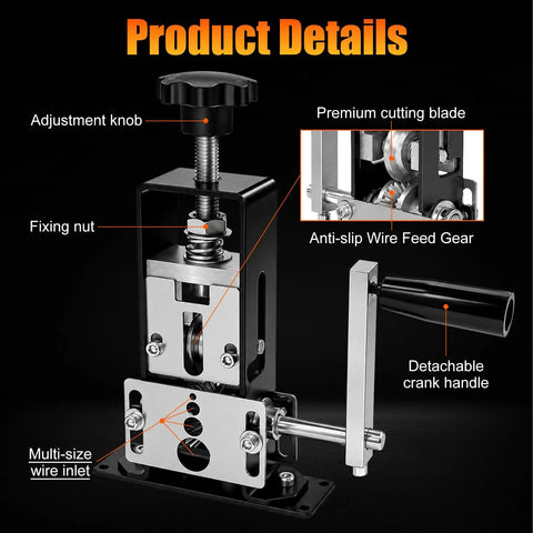 Badass Heavy Duty Wire Stripping Machine features adjustable knob, premium cutting blade, and anti-slip wire feed gear.