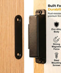 Heavy Duty 30 Lbs Stainless Steel Magnetic Door Latch With Super Strong Holding Power For Smooth Cabinet Drawer Catch And Seamless Black Closet Closure Without Jamming, shown installed with a zinc alloy body.