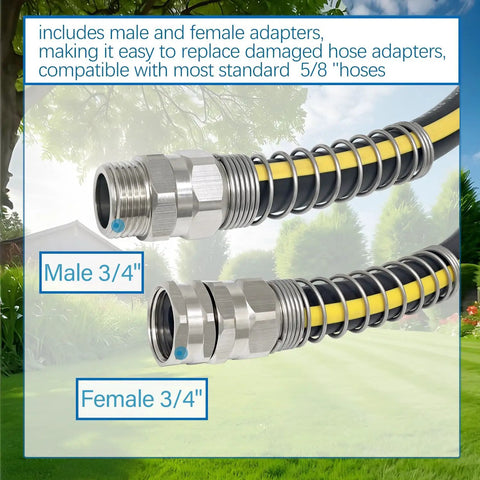 Solid Brass Five Eighths Inch Garden Hose Repair Kit With Spring Guard, installed male and female ends with anti-kink spring