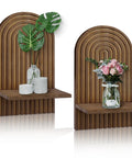 Set Of Two Boho Floating Wall Shelves For Cool Room Vibes And Rustic Display Space Featuring Dead Easy Mounting And Premium Solid Craftsmanship. Rustic wooden shelves with decorative plants and vases.