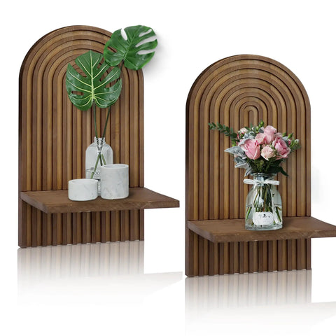 Set Of Two Boho Floating Wall Shelves For Cool Room Vibes And Rustic Display Space Featuring Dead Easy Mounting And Premium Solid Craftsmanship. Rustic wooden shelves with decorative plants and vases.