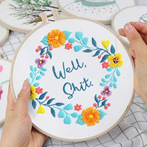 Three Sets Of Funny Embroidery Kits For Beginners With Flower Wreath Pattern And Funny Words Pattern DIY Easy Cross Stitch