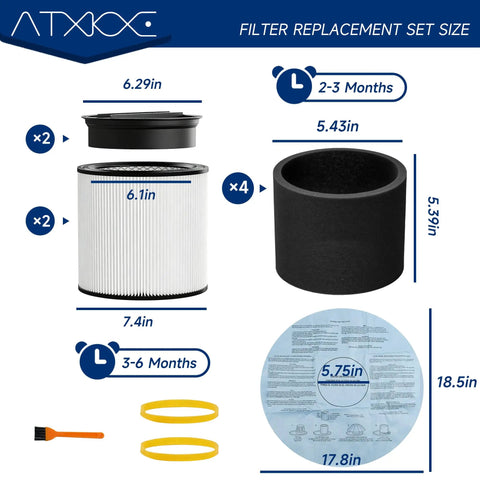 Replacement Filter Kit For 5 Gallon And Up Wet Dry Vacs Includes Dry Filter And Foam Sleeve Compatible With 90304 90350 90333 90585 And More Fits Multiple Vacuum Models For Quick Cleanups showing filter sizes and components