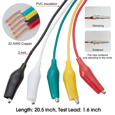 Pro Grade Test Lead And Alligator Clip Set With 20.5 Inch 22 AWG Wires, Five Color Colorway Green White Black Yellow Red, Nickel Plated Clips With PVC Insulators And Heavy Duty Springs, 2 Pack showing 5-color leads