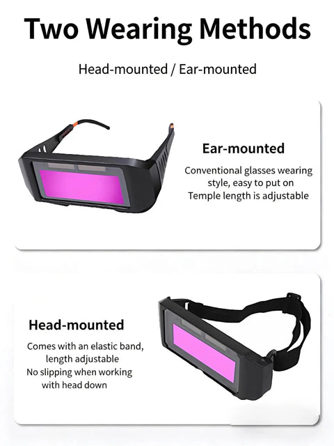 Kick Ass Auto Darkening Welding Goggles With Impact Resistant Polycarbonate Lens And Sure Fit Elastic Strap For Hardcore Fabricators Demanding Heavy Duty Eye Safety Gear, showing two wearing methods: ear-mounted and head-mounted.