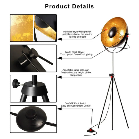 Vintage Industrial Tripod Floor Lamp With LED Light, Large Shade, Matte Black And Gold Finish, Adjustable Stand Details