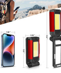 Rechargeable LED Magnetic Work Light 2 Pack with USB Charging shown with dimensions and backpack attachment