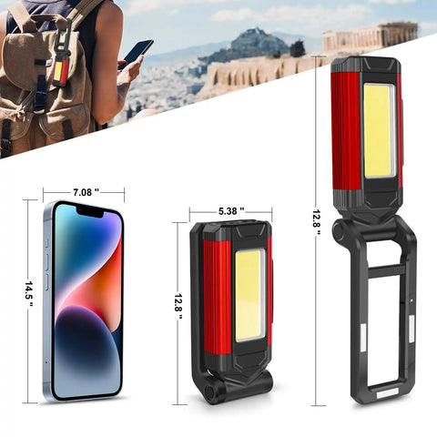 Rechargeable LED Magnetic Work Light 2 Pack with USB Charging shown with dimensions and backpack attachment