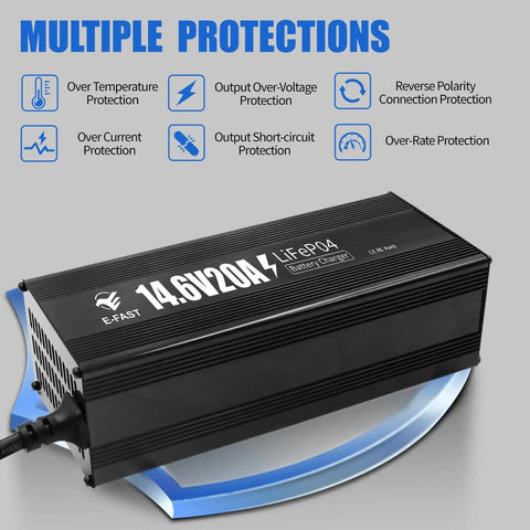 Heavy Duty 12V 20A LiFePO4 Battery Charger With 0V Activation, 14.6V Output, Aluminum Housing, showing multiple protections