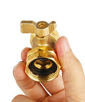 Hand holding Extended Handle No Fuss Brass Hose Shut Off Valve For Garden, showing three quarter inch connector, solid brass material.