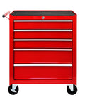 Heavy Duty Rolling Tool Chest With Five Drawer Secure Lock And Cushioned Top Rest Spot Designed For Tough Job Sites And Serious Gear Stash Featuring Smooth Roll Brake Wheels And Classic Red Shop Storage, front view, red metal, five drawers.