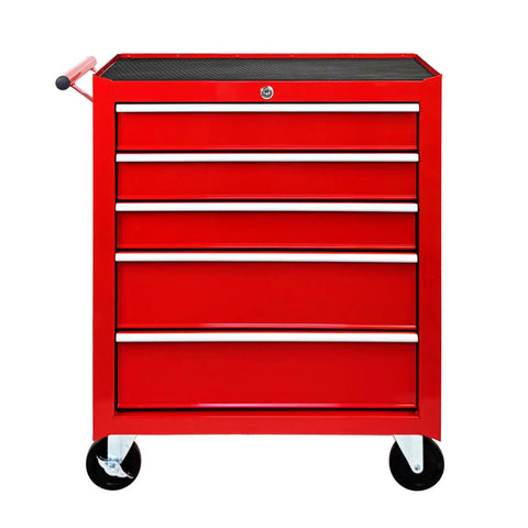Heavy Duty Rolling Tool Chest With Five Drawer Secure Lock And Cushioned Top Rest Spot Designed For Tough Job Sites And Serious Gear Stash Featuring Smooth Roll Brake Wheels And Classic Red Shop Storage, front view, red metal, five drawers.