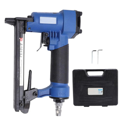 Slick Pneumatic Brad Nailer With 1/4 Inch Quick Connect For Heavy Duty Interior Trim Woodworking And Carpet Frames No Sweat Operation Plus Rock Solid Power Delivery, blue design with lightweight grip and storage case.