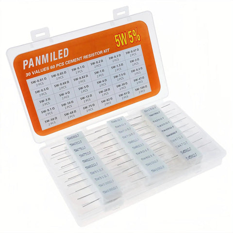 60 Piece Cement Resistor Kit 5W Ceramic Power Resistors 0.01 Ohm To 100 Ohm With 5 Percent Tolerance in plastic case