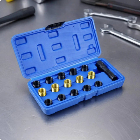 Premium Deep-Seated Plug Thread Repair Tool Kit With High-Speed Steel HSS Taps And Durable Metal Inserts For Heavy Workshop Jobs That Fix Stripped Threads Like A Champ. Blue case with HSS taps and inserts