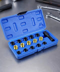 Heavy Duty KiBcsLic Plug Thread Repair Tool Kit With Organized Blue Storage Case For Deep-Seated Thread Fixes Garage Mechanics And Auto Repair Pros open case with black and brass inserts