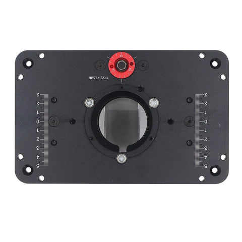 Heavy Duty Electric Router Lift System With Sixty Five Millimeter Travel Aluminum Frame Quick Swap Mount showing top view with adjustment markings.