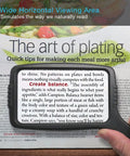 Hand holding Big Ol Jumbo Size Magnifying Glass With Wide Horizontal Lens 3X Magnification over newspaper text, black handle.
