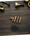 Brass Concealed Cylinder Hinges Set 25 Pcs Mini Barrel Cabinet Hinges for Jewelry Boxes on wooden surface.