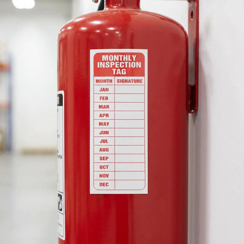 30 Pack Pro Grade Equipment Maintenance Inspection Stickers 5 By 3 Inch Monthly Log Labels For Workplace Compliance attached to red cylinder