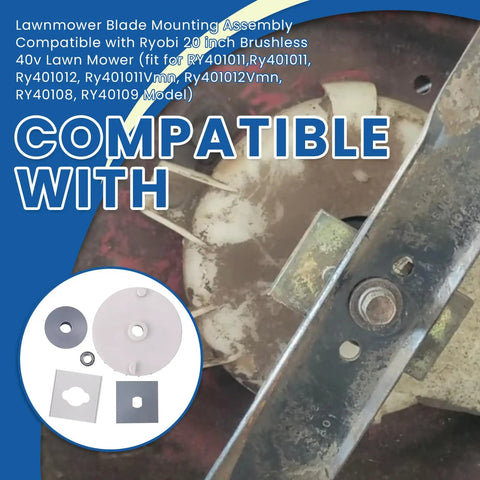 Heavy Duty Blade Mounting Hardware Assembly For Ryobi 20 Inch 40V Brushless Lawn Mower Deck Replacement Kit parts displayed on mower deck.