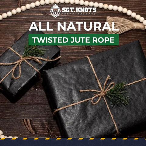 Gift wrapped with Built Tough Heavy Duty Twisted Jute Rope for Crafts and Garden Projects, natural fiber, 3-strand twisted jute.
