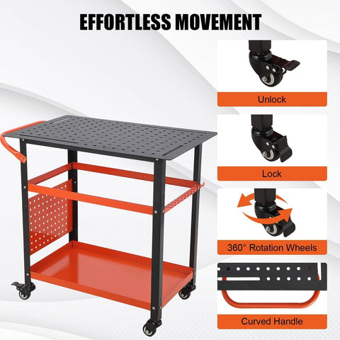 Beefy 36x24 Welding Table Steel Workbench With Five Eighths Inch Fixture Holes, pegboard, tool slots, wheels, and handle
