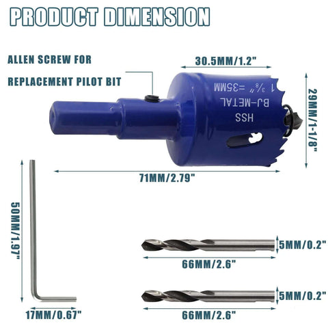 Suiwotin 1-3/8 in bi-metal hole saw with arbor kit; blue cutter, replacement pilot bit, two 66 mm bits, L-key