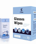 Pre Moistened Lens Wipes You Can Toss In Your Bag 70 Count Pack With Carry Box Defogging Wipes For Glasses Sunglasses Goggles Cameras Phones And Laptop Screens Streak Free Finish, showing packaging of lens wipes and carry box.