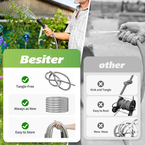 Comparison of stainless steel garden hose with flexible braided design, 6ft length, vs standard hose. Leakproof and durable use.
