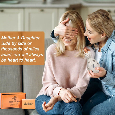 From Daughter To Mom Candle Holder With Flickering LED Flameless Candle held by woman gifting her mom, heartfelt home decor