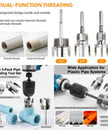 All In One Pipe Threader Kit For One Half, Three Quarter And One Inch PVC Pipes With Internal And External Dies, Hex Shank Thread Cutting Tool For Leak Proof Plumbing No Tool Swapping For Gas And Irrigation Projects showing components and usage.