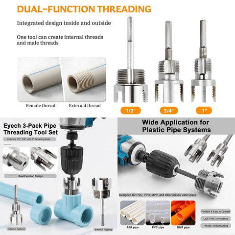 All In One Pipe Threader Kit For One Half, Three Quarter And One Inch PVC Pipes With Internal And External Dies, Hex Shank Thread Cutting Tool For Leak Proof Plumbing No Tool Swapping For Gas And Irrigation Projects showing components and usage.