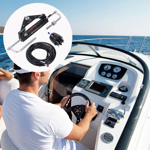 Hydraulic Boat Steering Kit for Outboard Motors 150HP with 26 Feet Hoses Two Way Lock Cylinder Relief Valve Air Pocket and Aluminum Alloy Housing Marine Steering System Plug And Play image with boat cockpit and installation